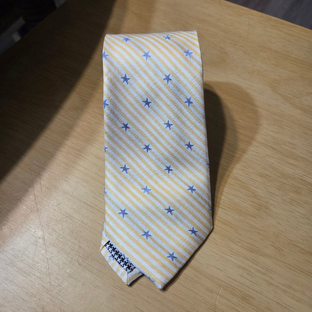 J.S. A. Bank 1905 Men's Necktie Yellow Striped Blue Stars Silk Business 60" Leng